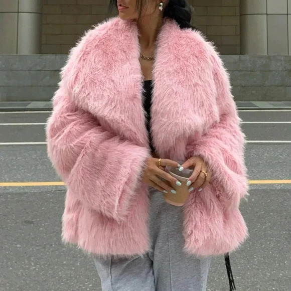 Jackets & Blazers - Pink Casual Women's Faux Fur Long Sleeve Jacket